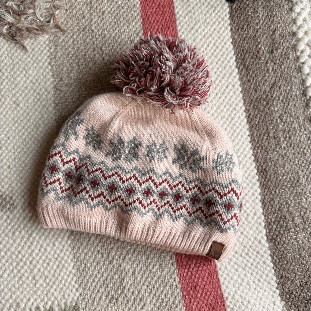 Cozy Pink and Gray timberland Pom-Pom Beanie